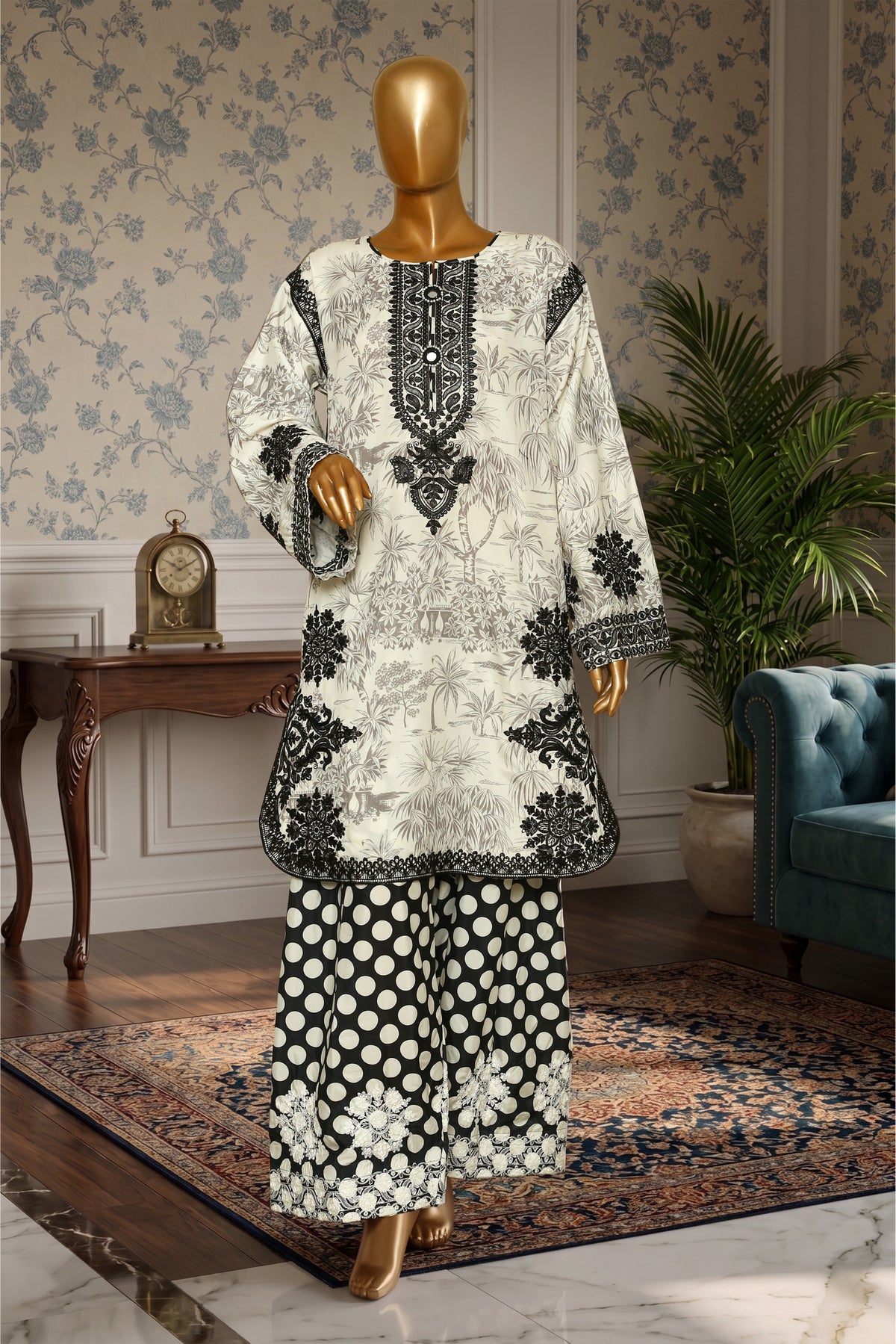 Ivory Black Embroidered 2-Piece Suit