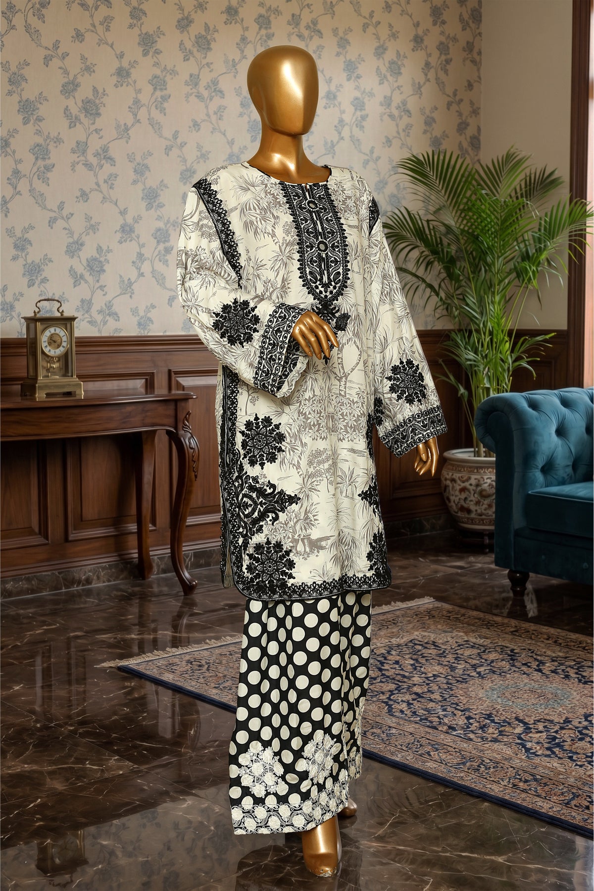 Ivory Black Embroidered 2-Piece Suit