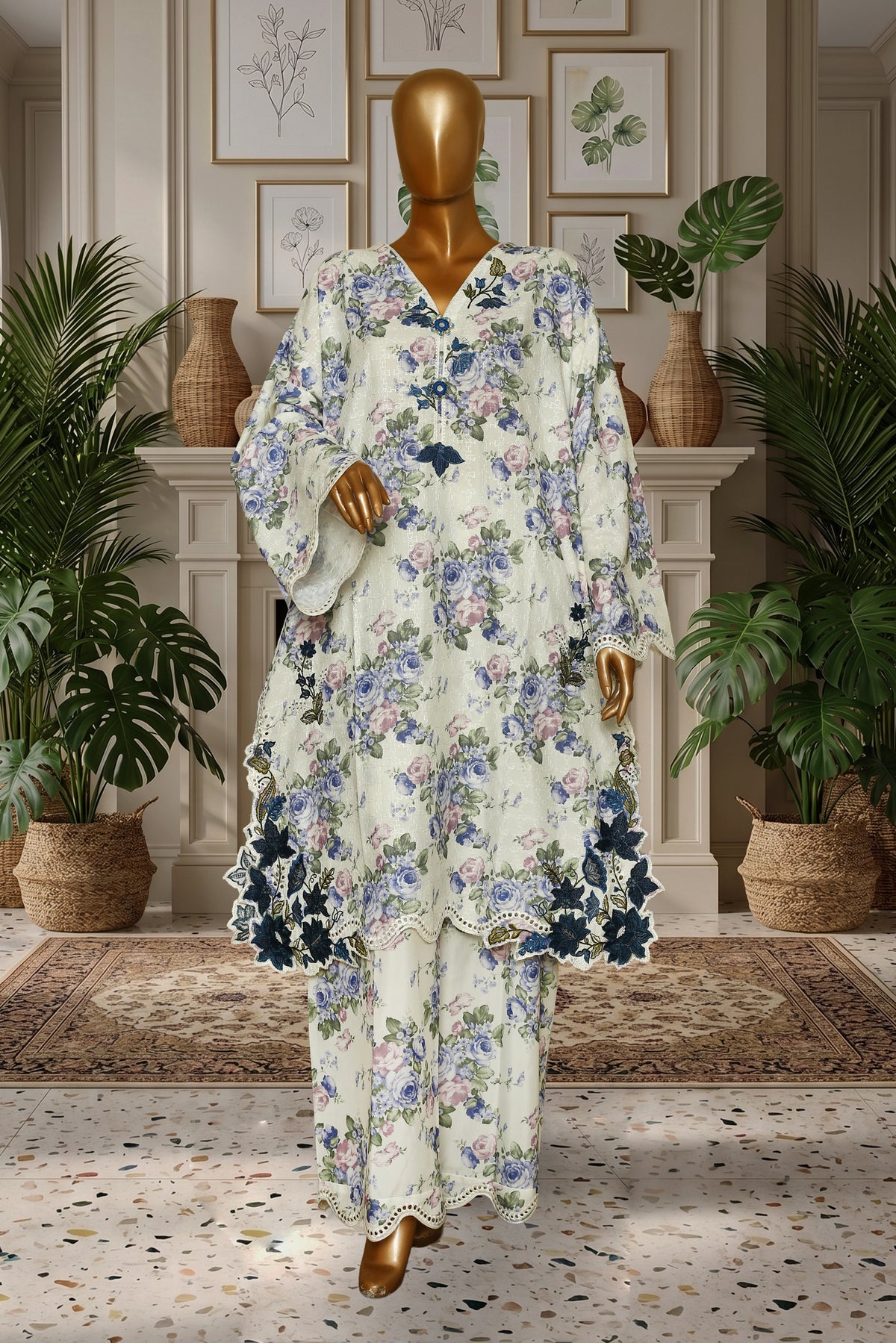 Ivory Blossom Embroidered Cutwork Suit