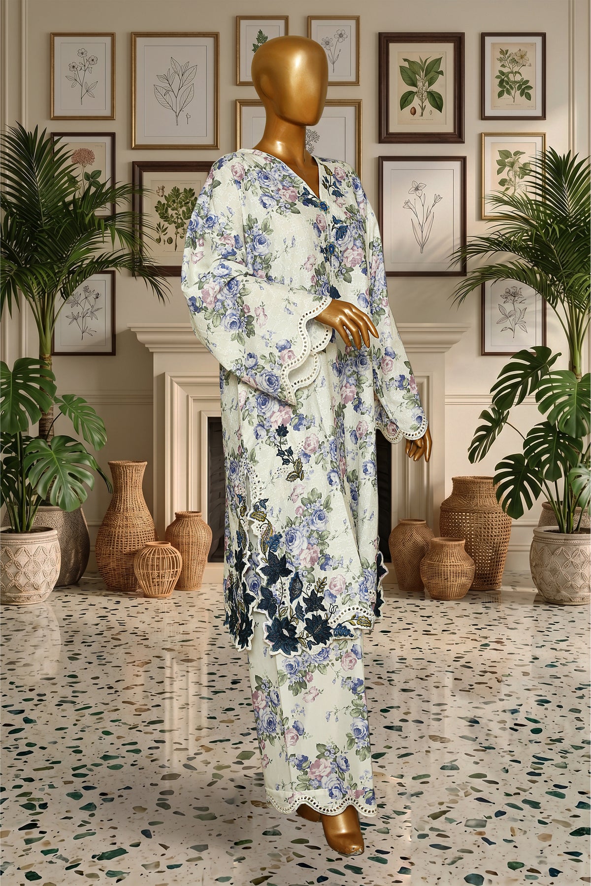 Ivory Blossom Embroidered Cutwork Suit
